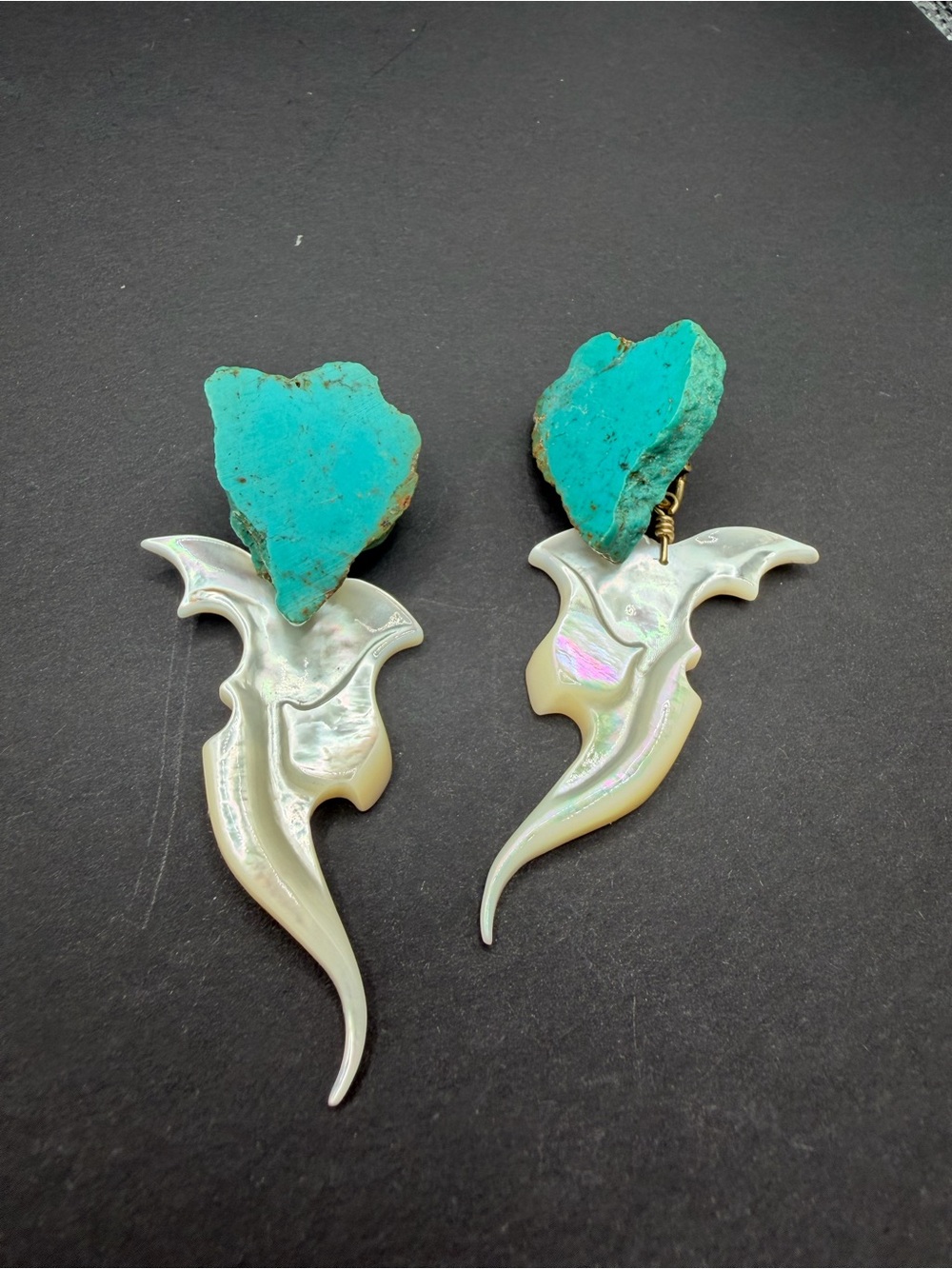 Stephen Dweck signed Turquoise & Carved Mother of Pearl  clip-on earrings